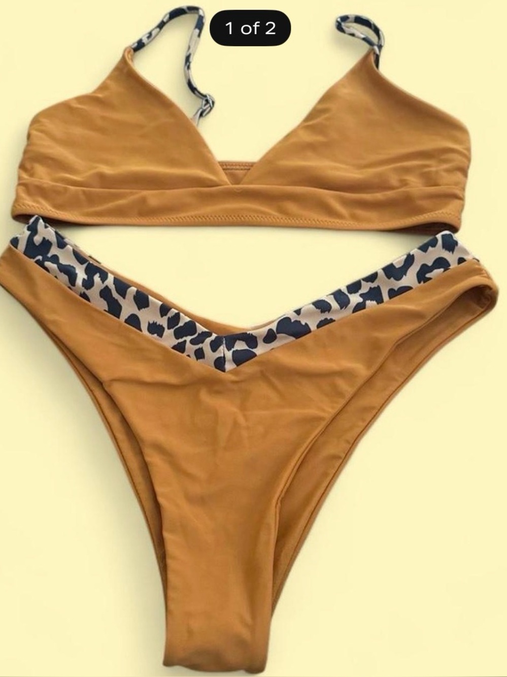 Reversible Mustard Yellow Bikini Set with Leopard Trim